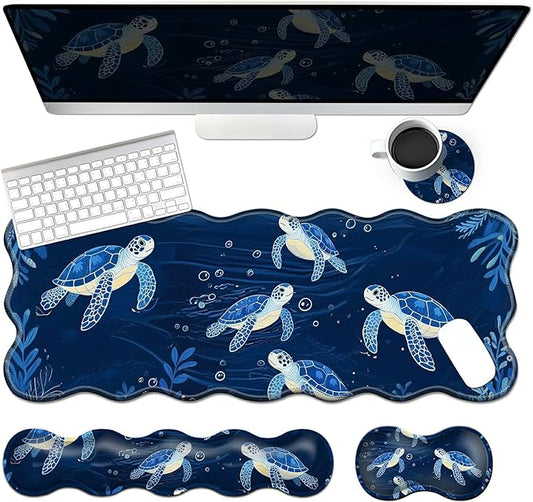 4-Piece XXL Gaming Mouse Pad Set (31.5"x11.8") with Keyboard Wrist Rest,Mouse Wrist Support & Coaster,Ergonomic Non-Slip Desk Mat for Office & Home,Blue Sea Turtle