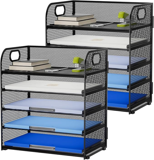 Marbrasse 2 Pack Desk Organizer with Handle, 5 Tier Paper Organizer Letter Tray Organizer, Mesh Desk File Organizer for Office, School and Home