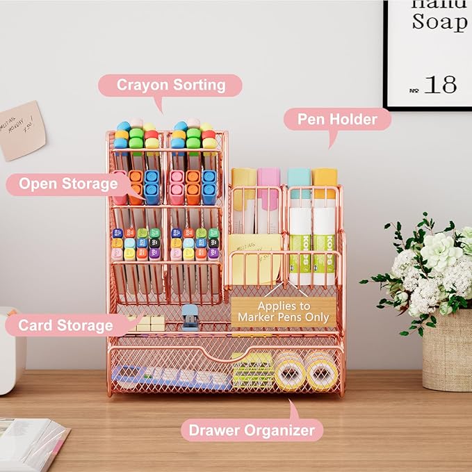 Marbrasse Mesh Pen Holder for Desk, Desk Organizer with Drawer, Multi-Functional Pencil Organizer, Desk Organizers and Accessories for Office Art Supplies (Rose Gold), MESH B17