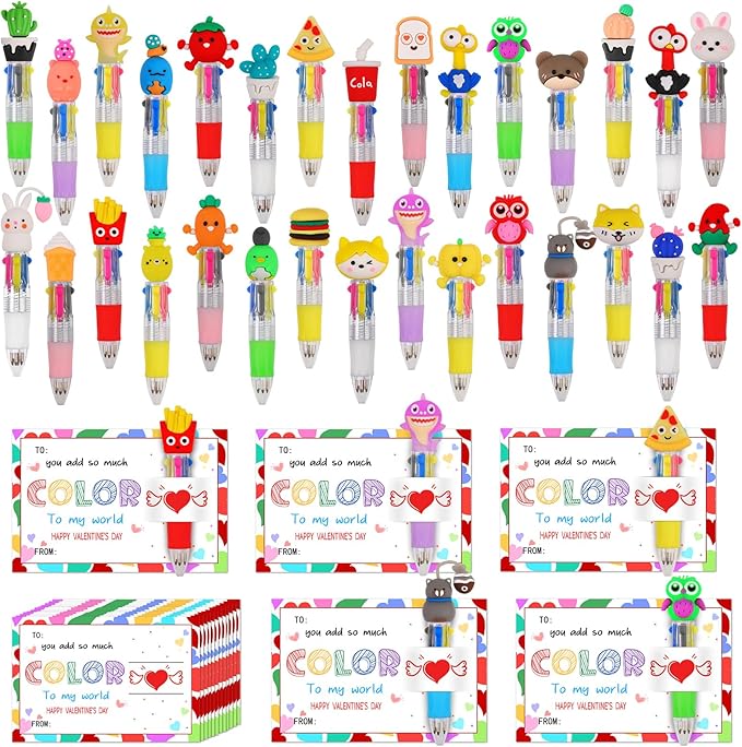 CZWZ 30 Set Cute Multicolor Pens in One 4-in-1 Fun Pens Bulk with 30 Valentines Day Cards for Valentine's Day Party Student Colleagues Greeting Exchange Gift Office School