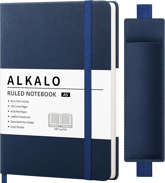 Lined Journal Notebook for Work, A5 Leather Notebook with Pen Sleeve, 100GSM/160 Pages Thick Paper, Daily Journals for Writing, School, Note Taking, Business, Travel, College Ruled