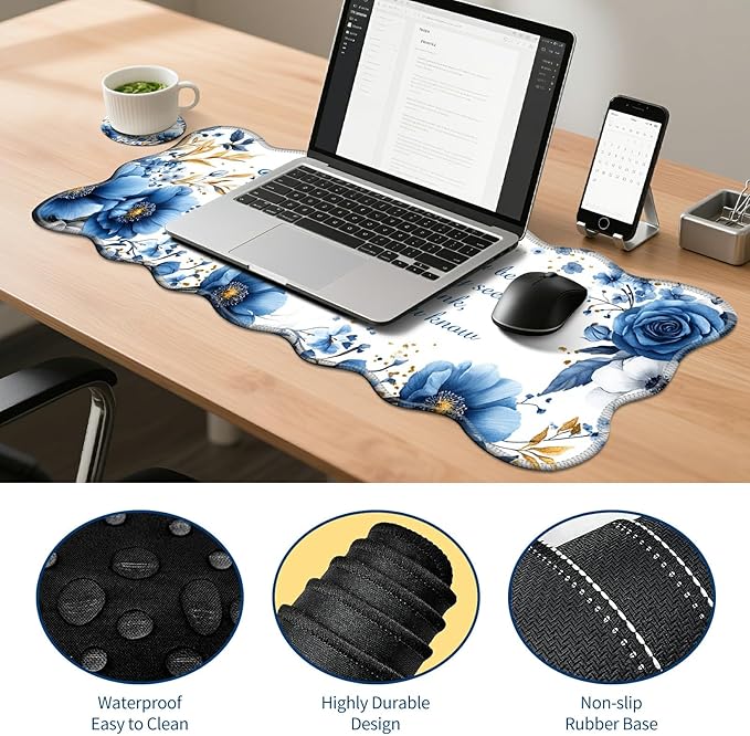 4-Piece XXL Gaming Mouse Pad Set (31.5"x11.8") with Keyboard Wrist Rest,Mouse Wrist Support & Coaster,Ergonomic Non-Slip Desk Mat for Office & Home,Bule Flower Quotes