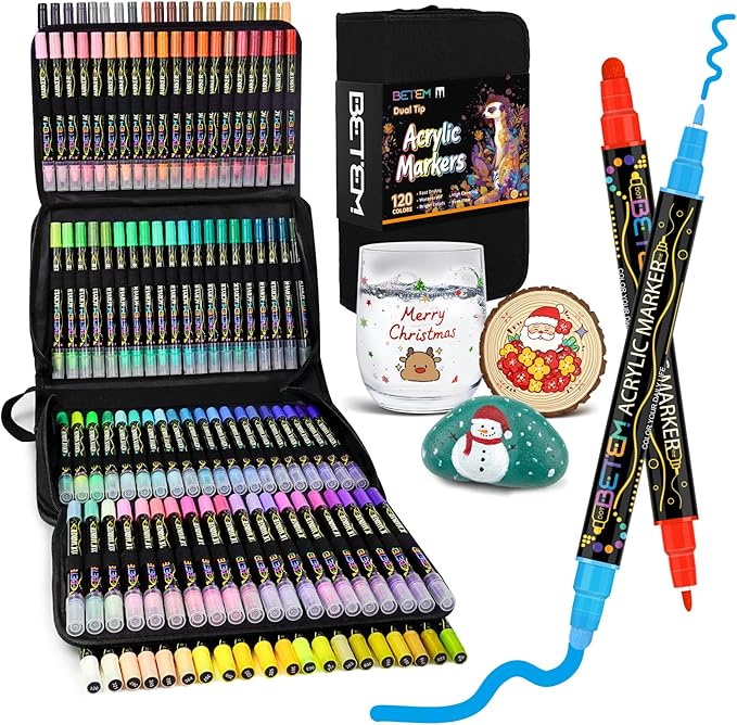 Betem Acrylic Paint Markers Pens, Dual Tip 120 Colors Premium Paint Pens Acrylic Markers for Wood, Fabric, Canvas, Stone, Rock Painting, Glass, Ceramic Surface, DIY Crafts Making Art Supplies with Bag