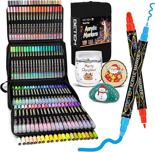 Betem Acrylic Paint Markers Pens, Dual Tip 120 Colors Premium Paint Pens Acrylic Markers for Wood, Fabric, Canvas, Stone, Rock Painting, Glass, Ceramic Surface, DIY Crafts Making Art Supplies with Bag