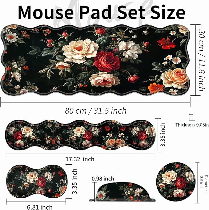 Office Mouse Pad Set with Wrist Support, Large 31.5"x11.8" Desk Mat, Ergonomic Memory Foam Keyboard Wrist Rest, Non-Slip Durable Mouse Pad for Work & Home, Beautiful Flowers