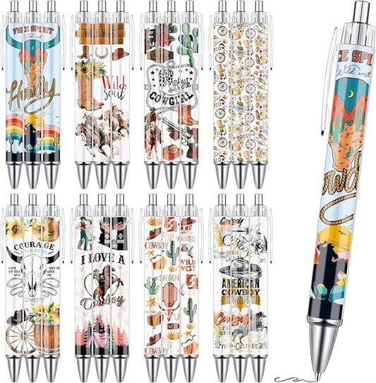 Western Cowboy Ballpoint Pens - 24PCS Cute Cowboy Print Pens Set Horse Cow Skull Smooth Writing Pens Retractable Boots Hat Pen for School Office Supplies for Women Teacher Birthday Gifts