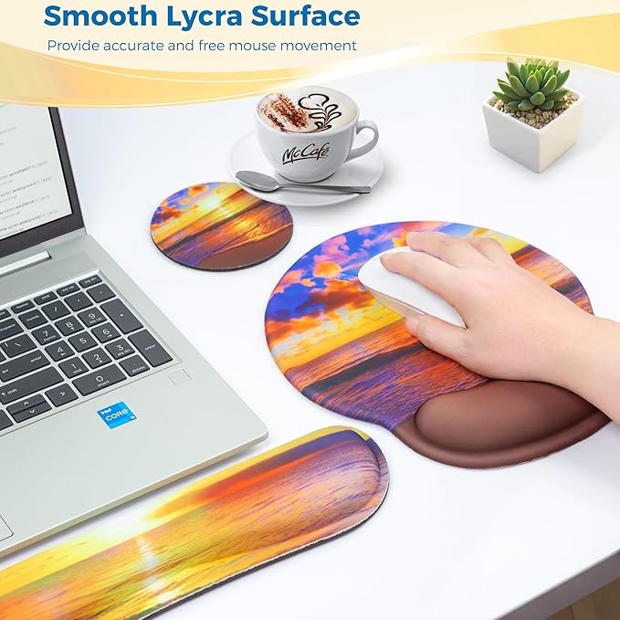 Mouse Pad and Keyboard Wrist Rest Support, with Non-Slip PU Base,Gel Mouse Pad with Coaster,Pain Relief for Gaming, Computer,Office -Sunset Beach