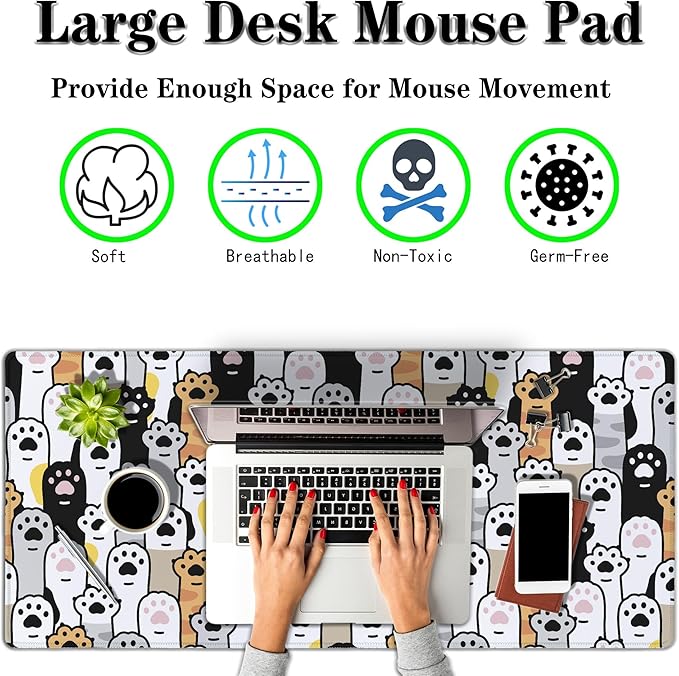 Office Desk Pad Cat Paws Cute Mouse Mat Large Gaming Mouse Pads Desk Mouse Pad Long Desk Pad Non-Slip Rubber Base Waterproof with Stitched Edges 35.4 X 15.7 for Game Office,