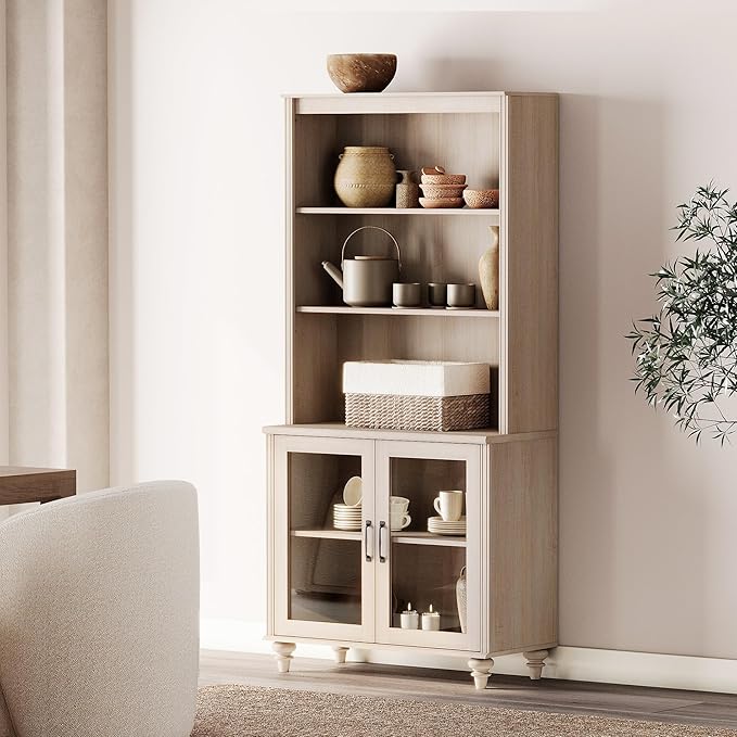 WAMPAT 5 Tier Bookshelf 72" Tall Bookcase with Glass Doors,Large Farmhouse Display Book Shelf with Adjustable Shelves and Storage Cabinet，Library Wood Bookshelves for Living Room,Kitchen, Light Oak