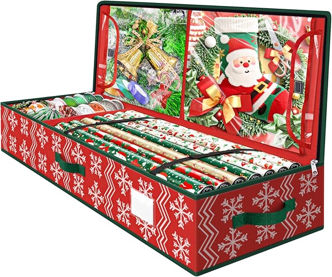 Wrapping Paper Organizer Storage, Christmas Wrapping Paper Storage with Flexible Partition & Pockets for Christmas Decorations, Ribbon, Underbed Gift Wrap Organizer for Holiday(Wave and Snowflake/Red)
