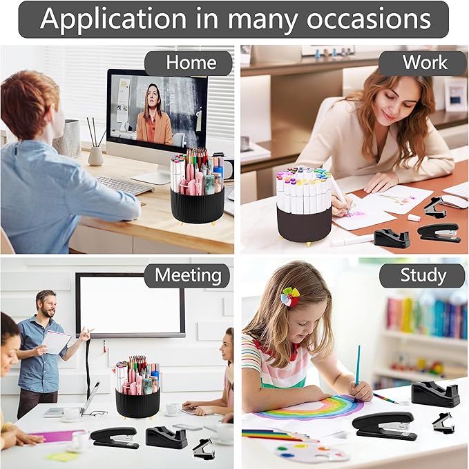 Office Desk Accessories, Black Office Supplies 360°Pen Holder Desk Organizers And Accessories with Tape Dispenser, Stapler, Staple Remover, 1000 Staples, Tape, Clips Set, Ruler, Scissor, Pen