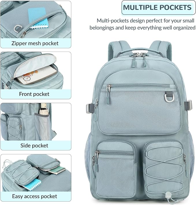 Lohol Water Resistant Daypack with Mulitiple Pockets for School Travel Outdoor College, 15.6 inch Laptop Backpack for Men and Women (Grey