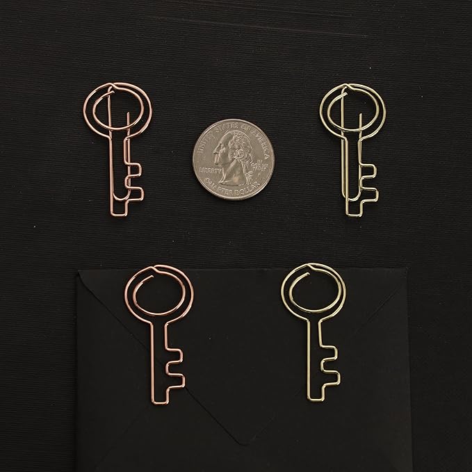 OWLFAVO 40pcs Key Shape Paper Clips with Clear Box, Rose Gold and Yellow Gold, Funny Cute Paperclips Bookmarks Planner Clips for Fun Office Supplies School Gifts Wedding Decoration