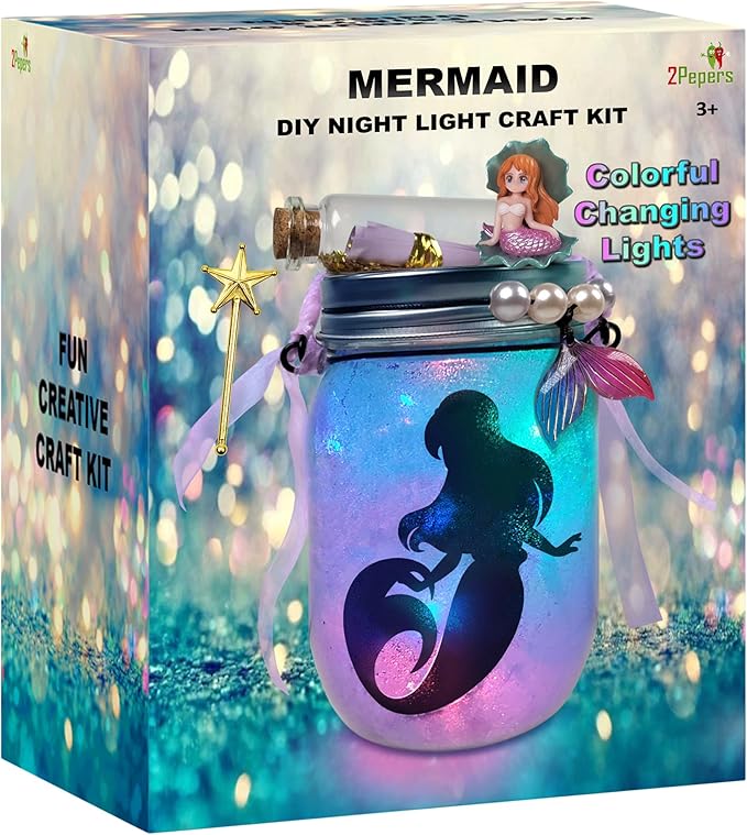 Make Your Own Mermaid Toy Night Light Lantern Jar Arts & Crafts For Girls, DIY Mermaid Gifts For Girls Ages 4 5 6-8 8-10 8-12 & Teens. Best Little Mermaid Craft Kit Projects & Kids Birthday Present