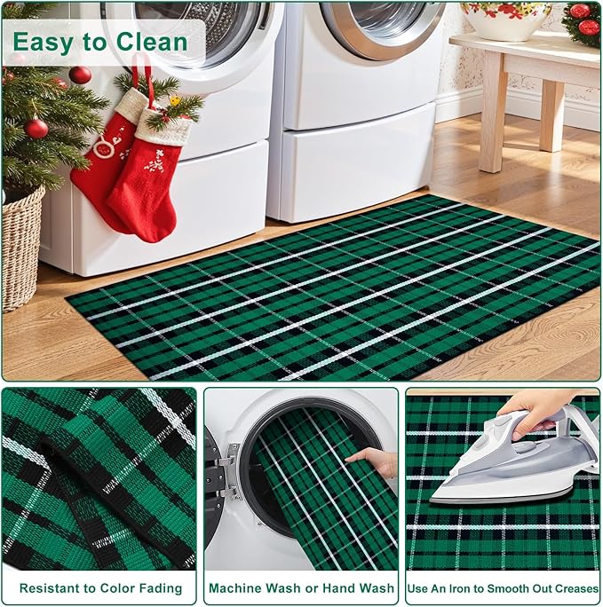 OJIA Christmas Front Door Mat Outdoor 24"x36" Cotton Green Plaid Rug, Washable Front Porch Rug Farmhouse Holiday Doormat Indoor Small Area Rugs for Layered Welcome Mat Kitchen Entrance Bathroom Decor