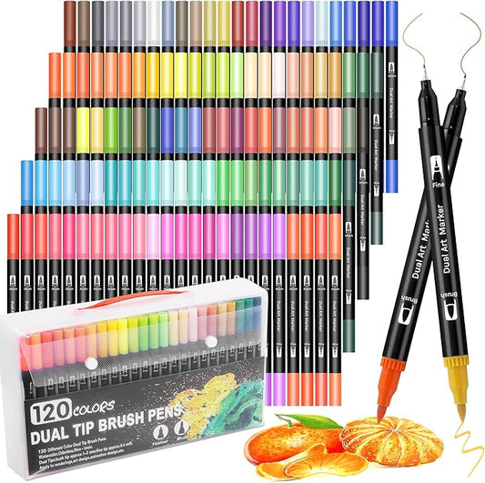 Art Markers Pens Brush Tip - 120 Color Dual Brush Pen and Fine Tip Marker for Coloring Drawing Journaling Lettering - Markers for Adults Kids Coloring Books No Bleeding Art Supplies Set