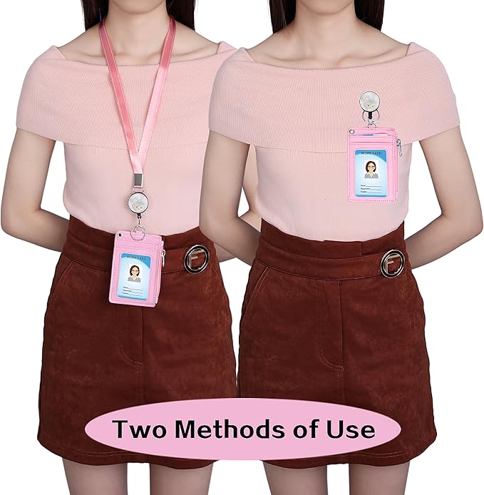 Cute ID Badge Holder Retractable Lanyard Reel Clip with Heavy Duty Carabiner,5 Card Slots in 2 Sided with Key Ring and Zipper for Students Teens Boys Girls Office Staff Women (Purple Rabbit)