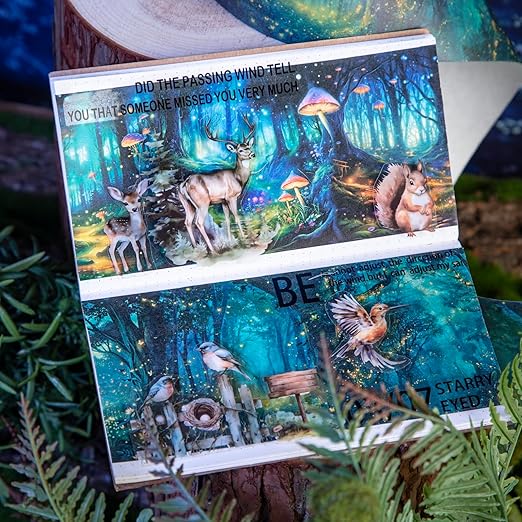 Night Forest Seamless Washi Tape Scrapbook Kit – 6 Rolls with Starry Sky, Fairy Woods & Twilight Designs for Journaling, DIY Crafts, Gift Wrapping, Card Making, Decoration, 3.15in Wide