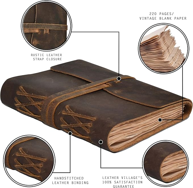 LEATHER VILLAGE Leather Bound Journal - Rustic Brown, 13"X8", 220 Pages - Vintage Blank Paper Diary for Writing, Drawing, Sketchbook, and Travel Notebook - Ideal for Women and Men