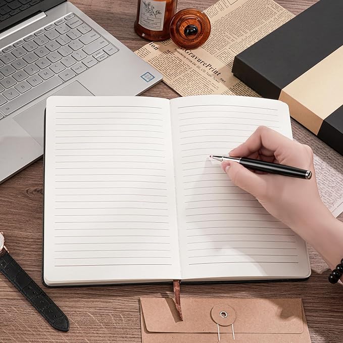 Lined Notebook Journal for Women Men 320 Pages A5 Hardcover Leather with Pen Holder College Ruled Journals for Work Note Taking Travel School Black