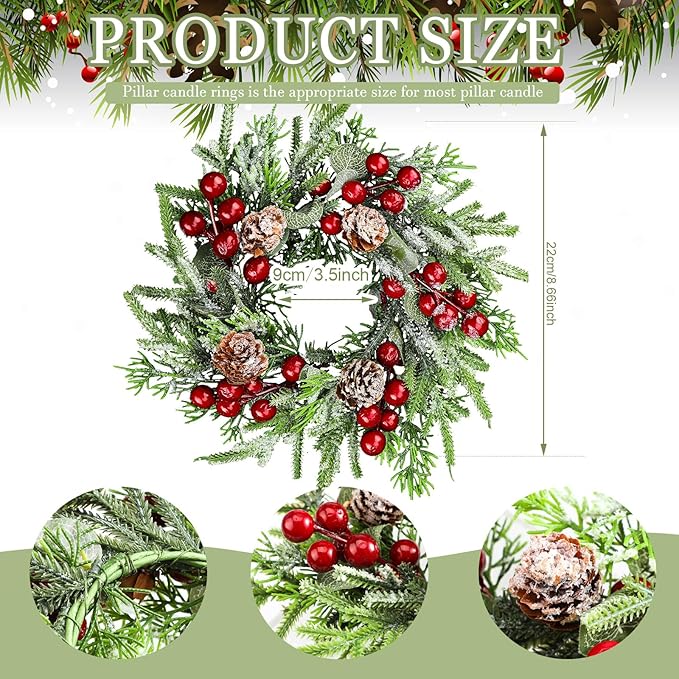 Lyrow 24 Pcs Christmas Candle Rings Wreath Xmas Kitchen Cabinet Mini Wreath Artificial Berries Snowy Pine Candle Ring Holder for Christmas Chandelier Home Table Centerpiece Indoor Decor