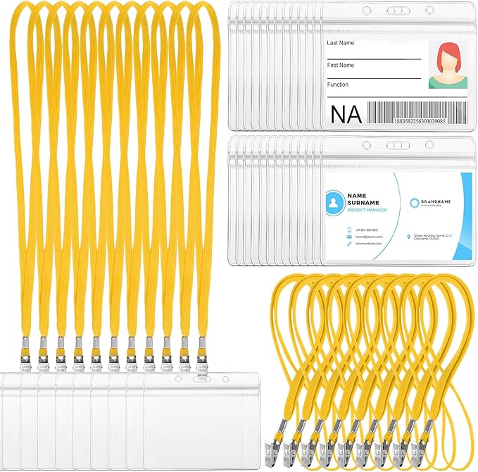 Marspark 50 Sets Clear Name Tags with Lanyard, Lanyards for ID Badges Reusable Strap with ID Holder Plastic Name Badges for Adults Business School Church Conference (Yellow)
