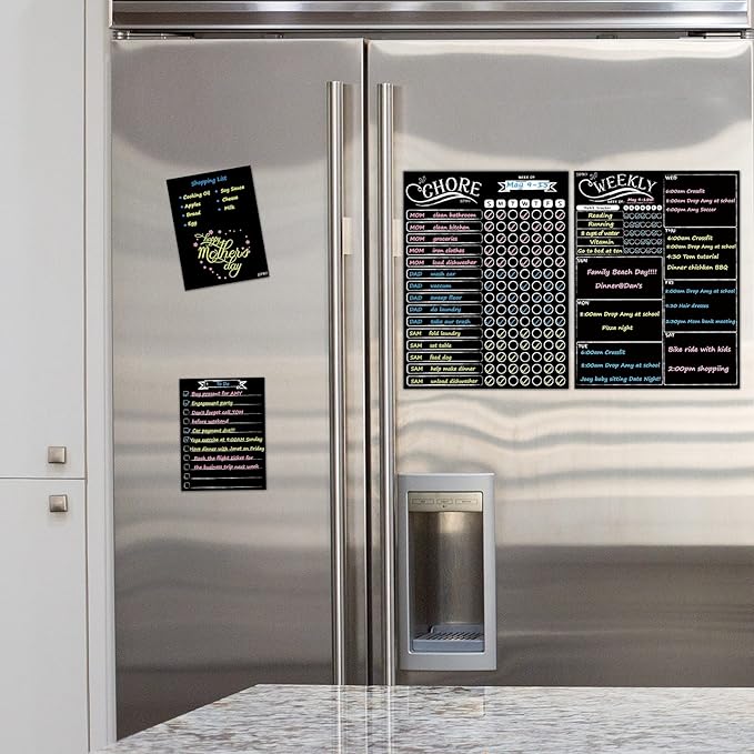 Magnetic Chalkboard Weekly Planner - Reward Chore Chart Blackboard Combo Set with Neon Bright Liquid Chalk Markers - Bonus Grocery List and Notepad Blackboard for Refrigerator Included