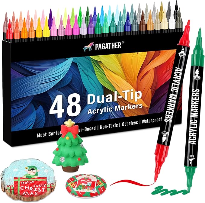 48 Colors Acrylic Paint Markers, Dual Tip with Fine Tip and Brush Tip Pens for Stone, Wood, Calligraphy, Canvas, Ceramic, Metal, Glass, Rock Painting, DIY Crafts