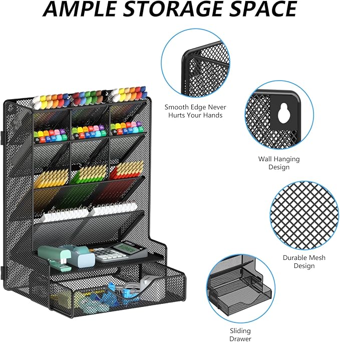 Pen Organizer for Desk, Multi-Functional Desk Organizer, Wall Mount Pen Holder with Drawer for School, Office, Home, Art Supplies, Black