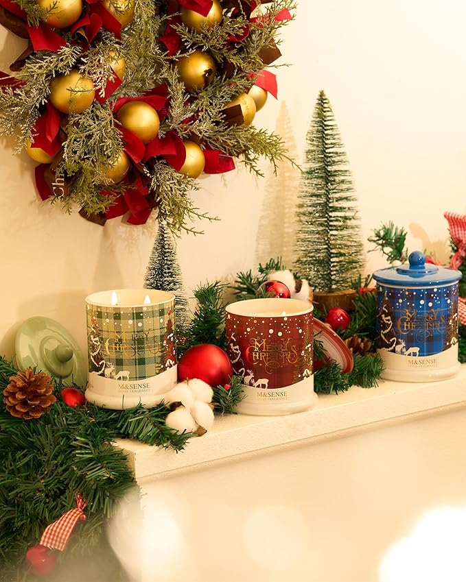 M&SENSE Christmas Candles Warm Sweater Scented, 12.7oz 75 Hours Slow Burn, Organic Soy Wax Double Wick, Non Toxic Aromatherapy Jar Candles for Stress Relief, Cozy Winter Holiday Candles for Home