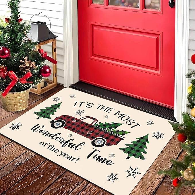 Merry Christmas Buffalo Plaid Truck Doormat Welcome Tree Mat Non Slip Holiday Xmas Front Door Mat for Entrance Indoor Home Bathroom Floor Decoration, 16" x 24" Inch
