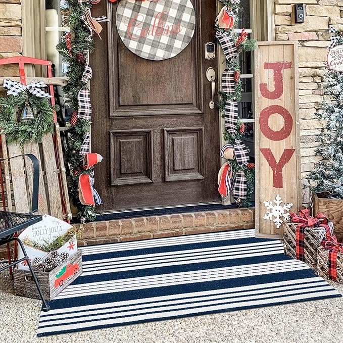 OJIA Entryway Rug 24''x51'', Machine Washable Christmas Front Door Mat Cotton Woven Blue and White Outdoor Rugs Porch Rug Striped Kitchen Runner Indoor Door Mat for Farmhouse/Entry/Home Entrance