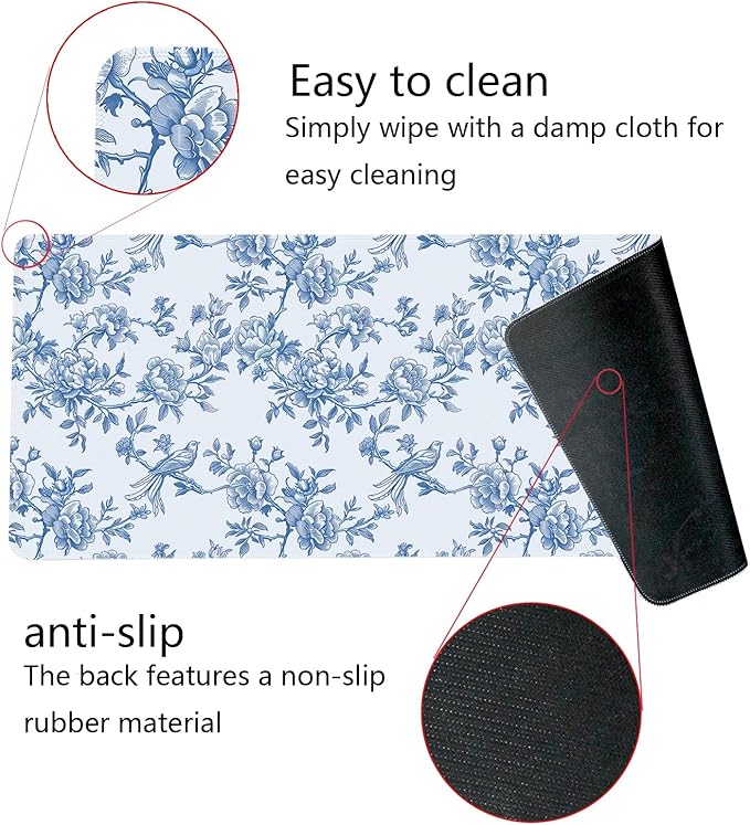 Light Blue Chinoiserie Mouse Pad,Vintage Blue and White Floral Desk Mat,XL Large Vintage Flowers and Birds Preppy Mouse Pad,Girly Laptop Desk Mat for Dorm Home Office,31.5x11.8 Inch