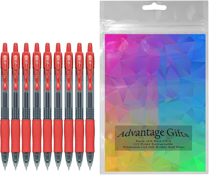 G2 Retractable Premium Gel Ink Roller Ball Pens Fine Point Fine Point (.7mm) Red Ink 9-pk; Refillable & Premium Comfort Grip Bundle with Plastic Reusable Pouch