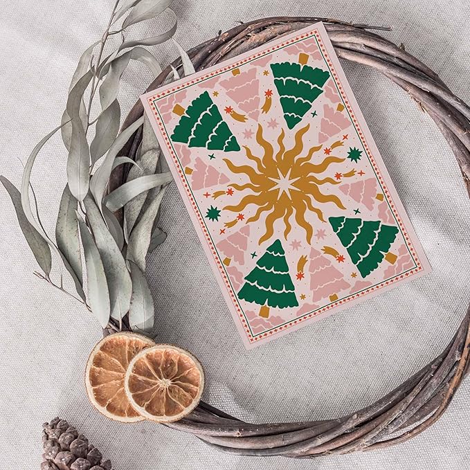Ritzy Rose 24-Pack Retro Christmas Greeting Cards with White Envelopes – 4 Boho Scandinavian Inspired Designs – Vintage Holiday Tree Motifs, Festive Artistic Stationery, Premium Box Set Holiday Cards.