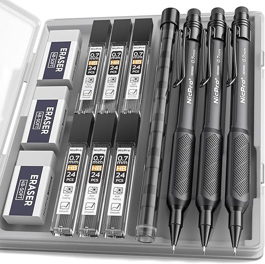 Nicpro 0.7 mm Mechanical Pencil Set with Case, 3PCS HD1000 Mechanical Pencils 0.7 With 6 Tube HB Lead Refills, Eraser, Weatherproof Barrel for Outdoor Writing Drafting Drawing Sketching