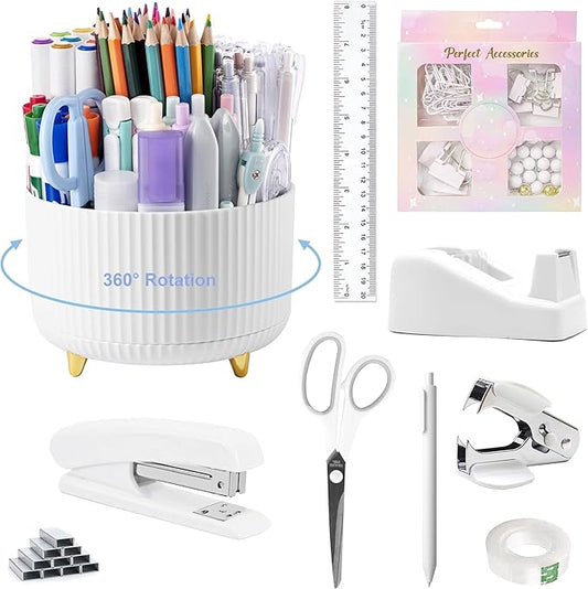 Office Desk Accessories, White Office Supplies 360°Pen Holder Desk Organizers And Accessories with Tape Dispenser, Stapler, Staple Remover, 1000 Staples, Tape, Clips Set, Ruler, Scissor, Pen