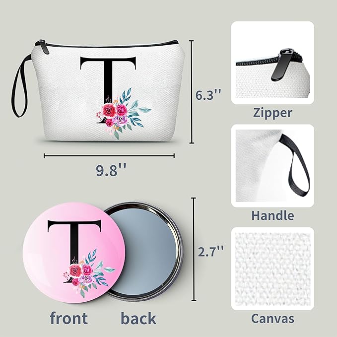 Monogram Cosmetic Bag With Mirror, Womens Birthday Gift, Small Makeup Bag for Purse, Unique Sister Gift, Initial Makeup Bag