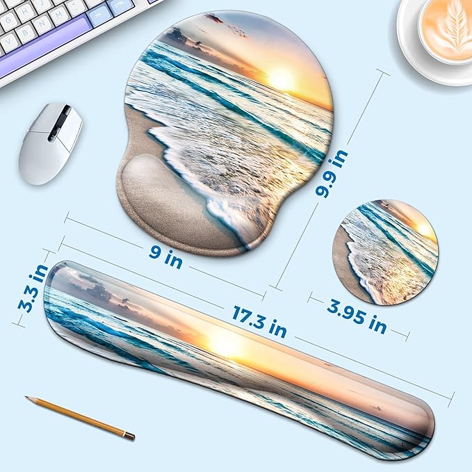 Mouse Pad and Keyboard Wrist Rest Support, with Non-Slip PU Base,Gel Mouse Pad with Coaster,Pain Relief for Gaming, Computer,Office -Beach