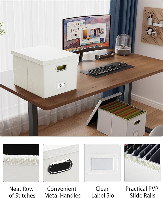 Oterri File Organizer Box with Lid, Portable Hanging File Box for Letter/Legal Files, Office/Decor/Home, 1 Pack, White Leather