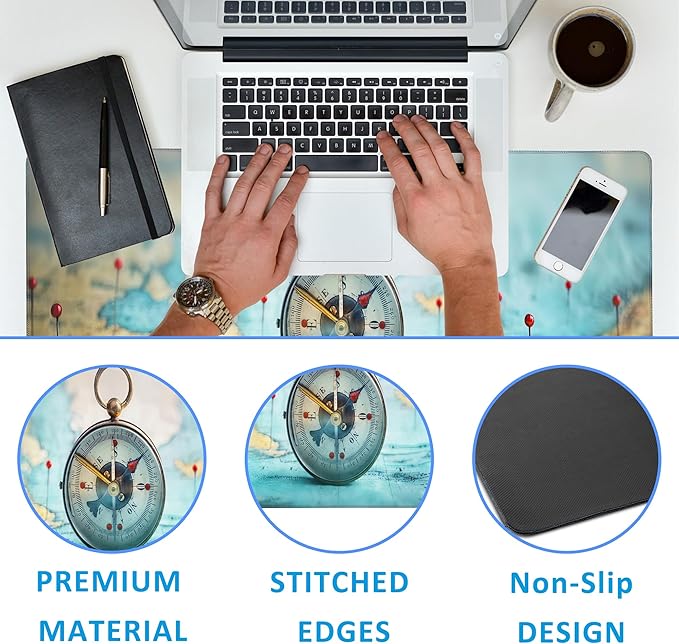 Mouse Pad,Compass on World Map Desk Mat for Desktop,Desk Pad with Non-Slip Base and Stitched Edge,Extended Mousepad for Office and Home 35.4X15.7 Inch