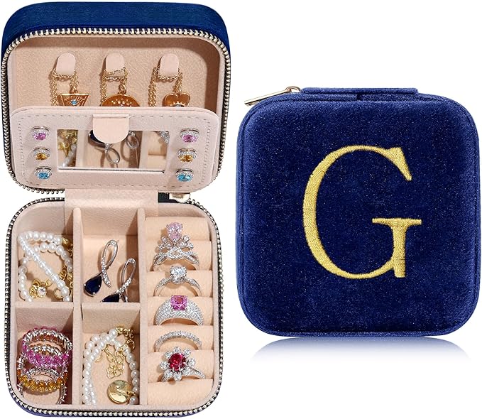 Parima Plush Velvet Travel Jewelry Case Jewelry Box - Small Jewelry Case Organizer Holder Ring Earrings Box Travel Essentials for Women, Birthday Gifts for Women Mom - Letter G, Navy Blue