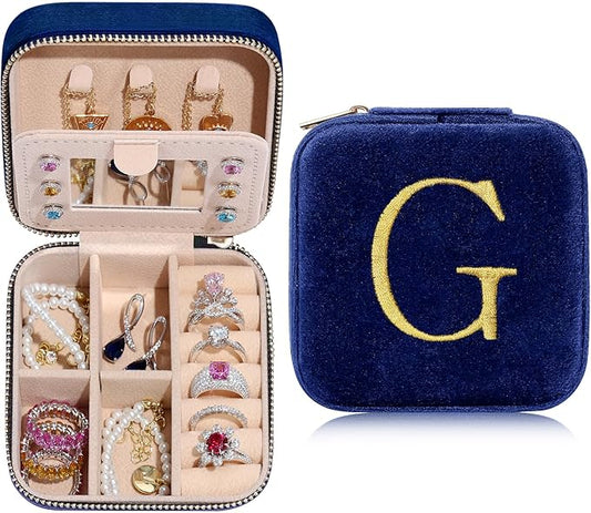 Parima Plush Velvet Travel Jewelry Case Jewelry Box - Small Jewelry Case Organizer Holder Ring Earrings Box Travel Essentials for Women, Birthday Gifts for Women Mom - Letter G, Navy Blue