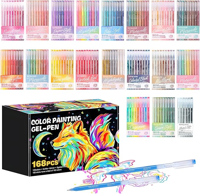 168 Colors Gel Pens, 0.6 mm Fine Tip Gel Pens for Adult Coloring Book—Portable Case gel pens Colored for Coloring,Journaling, Drawing,Painting & DIY Crafts. Non-Toxic,Smooth,Water-Based