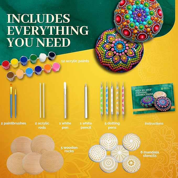 Mandala Rock Painting Kit – Mandala Dotting Tools Set - 5 Large Wooden Rocks + 6 Stencils + Acrylic Paints - Relaxing Arts and Crafts for Adults Women - DIY Hobbies Art and Projects Dot Art Kit