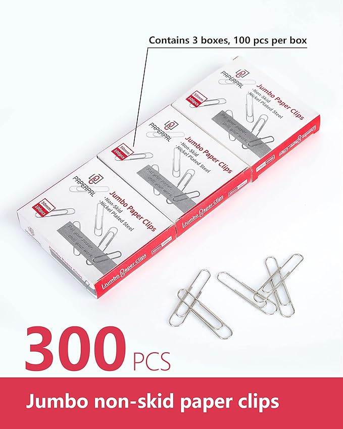 PAPERPAL Paperclips for Office School & Personal Use, Jumbo Nonskid Paper Clip (2"), 300 Large Paper Clips (3 Boxes of 100 Each), Silver