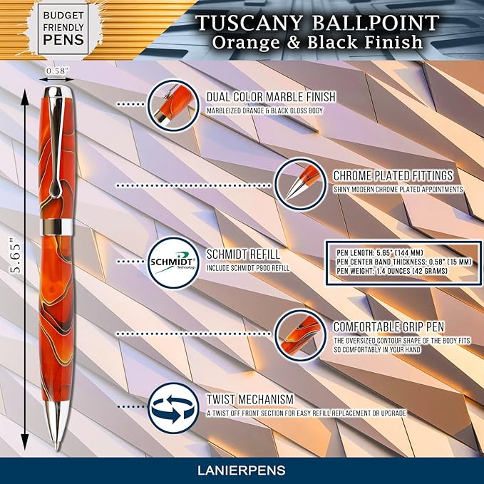 Lanier Pens Tuscany Orange & Black Ballpoint Pen - Marbleized Gloss Body