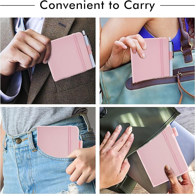 feela 6 Pack Pocket Small Notebooks Bulk, Mini Cute Memo Notepads Hardcover College Ruled Lined Journals with Pen Holder for Women Girls Office School, with 6 Black Pens, 3.5”x 5.5”, A6, Rose Pink