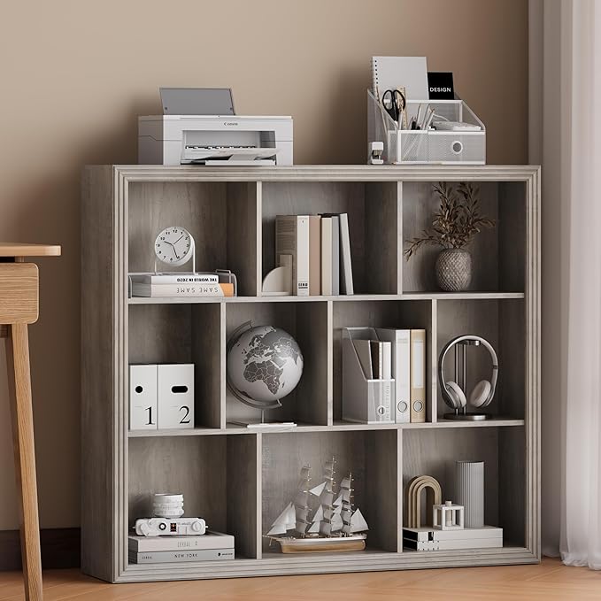 Wooden 10-Cube Storage Organizer, 3-Tier Bookshelf, Wood Grey Bookshelf, Bookcase, Cubical Storage Shelf with 3 Removable Back Panels for Bedroom Home and Office