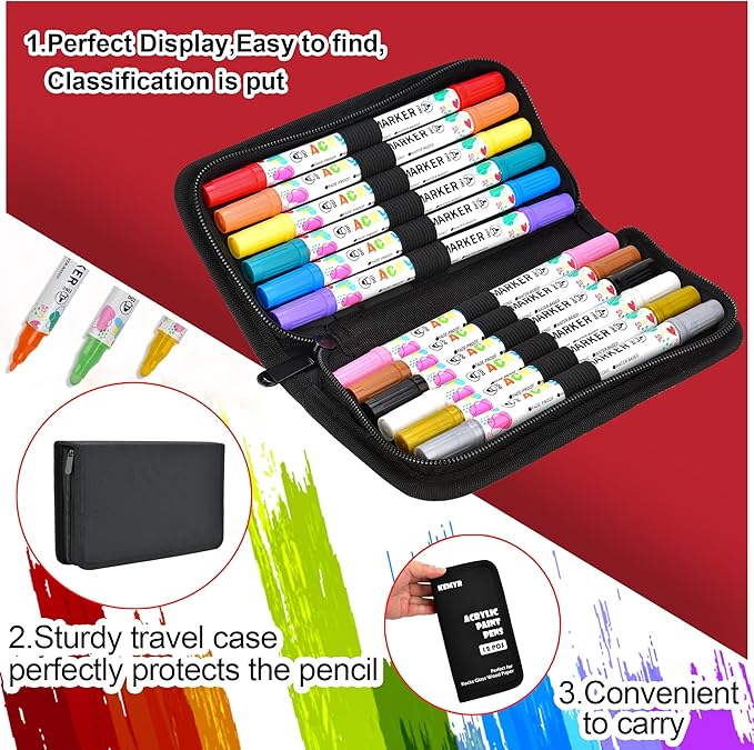 12 Colors Acrylic Paint Pens, Dual Tip Acrylic Paint Markers for Paper, Wood, Canvas, Stone, Rock Painting, Glass, Fabric, DIY, Ceramic, Art Supplies for Kids and Adults Drawing (Dot + Fine)